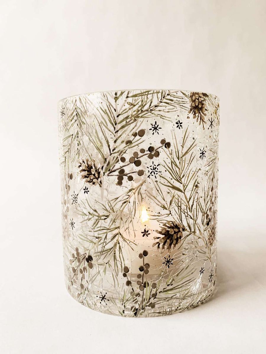 Lysglass, Krakelert Glass Vintermønster m/Glitter, 12x13