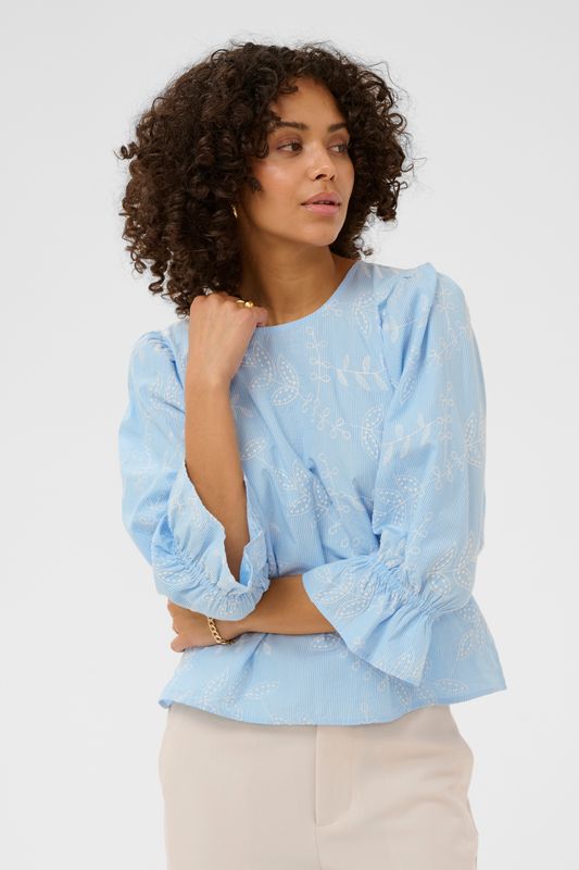 KAmarlee blouse, white blue embroidery stripe