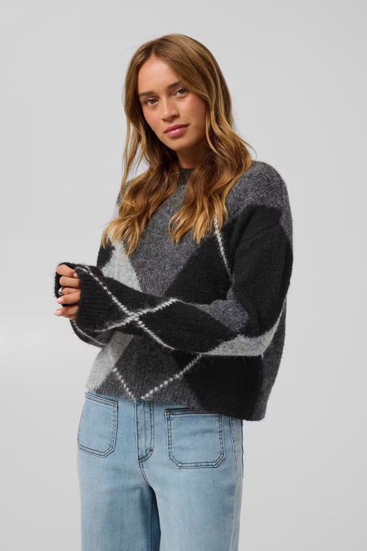 KAgrith knit pullover, grey melange/black check